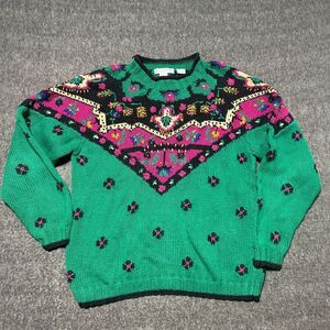 Vintage Heirlooms Hand Knit Sweater Medium Grandma Floral Retro Green